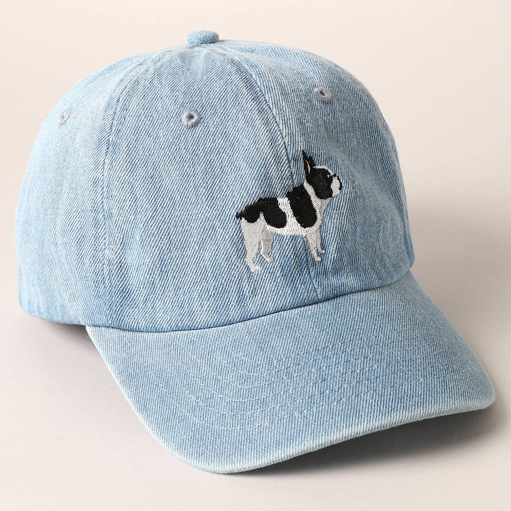 French Bulldog Dog Embroidered Denim Baseball Cap: Light Denim / ONE SIZE