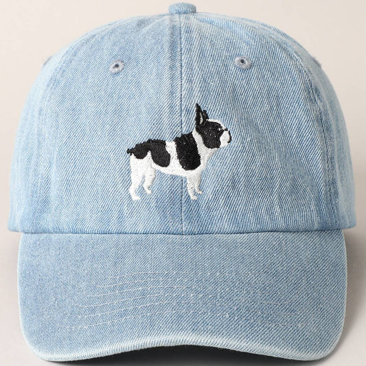 French Bulldog Dog Embroidered Denim Baseball Cap: Light Denim / ONE SIZE