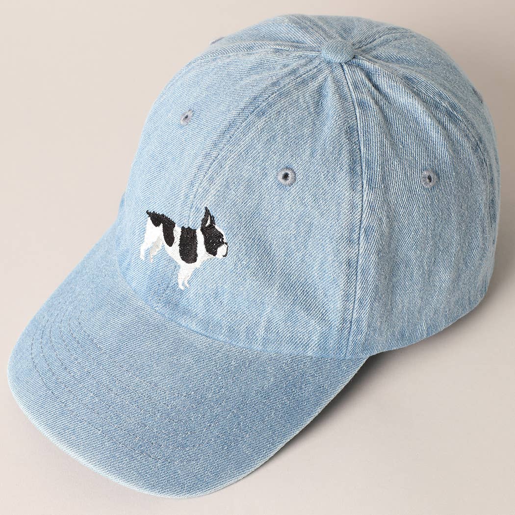 French Bulldog Dog Embroidered Denim Baseball Cap: Light Denim / ONE SIZE